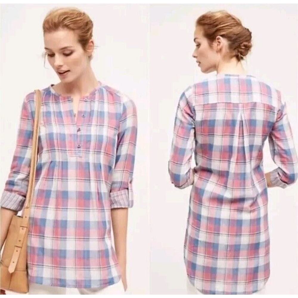 Holding Horses Anthropologie Womens Multicolor Plaid Roll Tab Sleeve Tunic Sz 2
